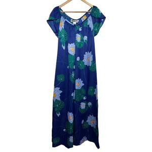 Hilo Hattie Made in Hawaii Blue Green Tropical Floral Print Medium Maxi dress